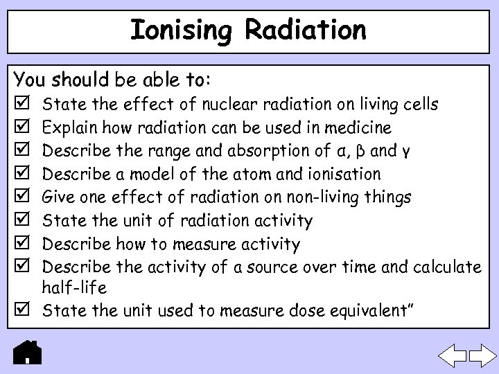 Ionising Radiation You should be able to: State the effect of nuclear radiation on