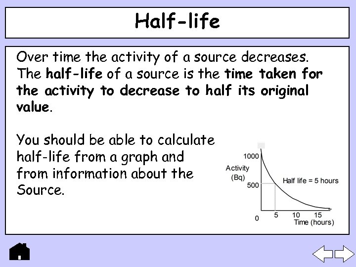 Half-life Over time the activity of a source decreases. The half-life of a source