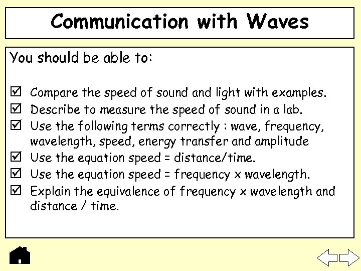 Communication with Waves You should be able to: Compare the speed of sound and