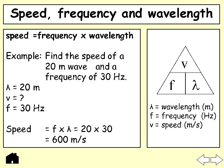 Speed, frequency and wavelength speed =frequency x wavelength Example: Find the speed of a