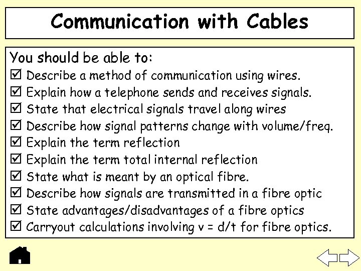 Communication with Cables You should be able to: Describe a method of communication using