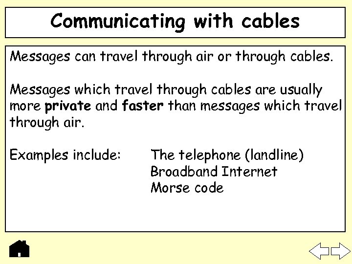 Communicating with cables Messages can travel through air or through cables. Messages which travel