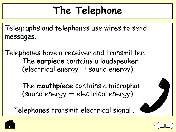 The Telephone Telegraphs and telephones use wires to send messages. Telephones have a receiver