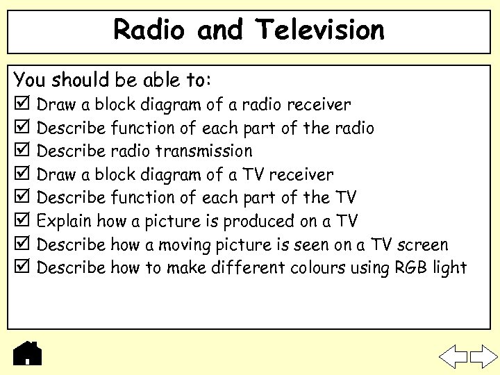 Radio and Television You should be able to: Draw a block diagram of a