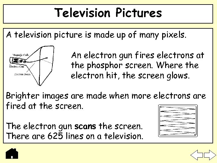 Television Pictures A television picture is made up of many pixels. An electron gun