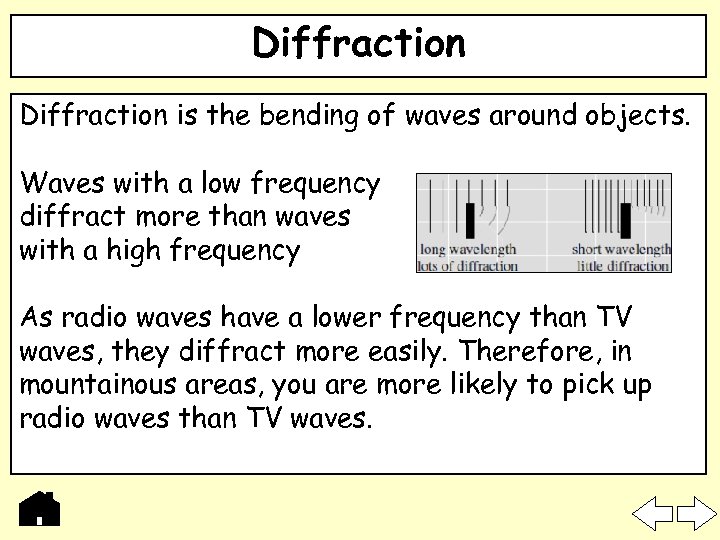 Diffraction is the bending of waves around objects. Waves with a low frequency diffract