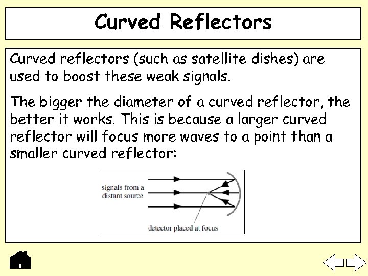 Curved Reflectors Curved reflectors (such as satellite dishes) are used to boost these weak