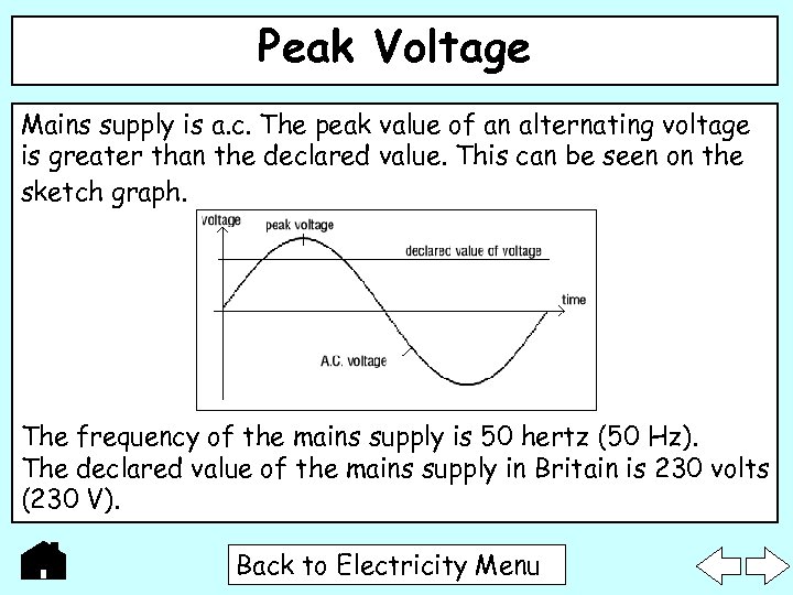 Peak Voltage Mains supply is a. c. The peak value of an alternating voltage