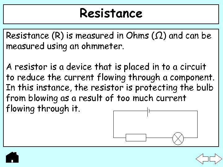 Resistance (R) is measured in Ohms (Ω) and can be measured using an ohmmeter.