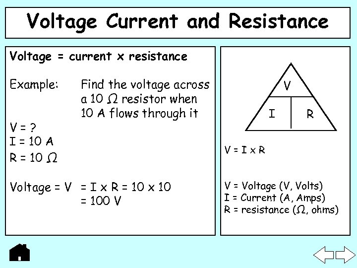 Voltage Current and Resistance Voltage = current x resistance Example: V=? I = 10