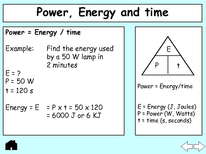 Power, Energy and time Power = Energy / time Example: E=? P = 50