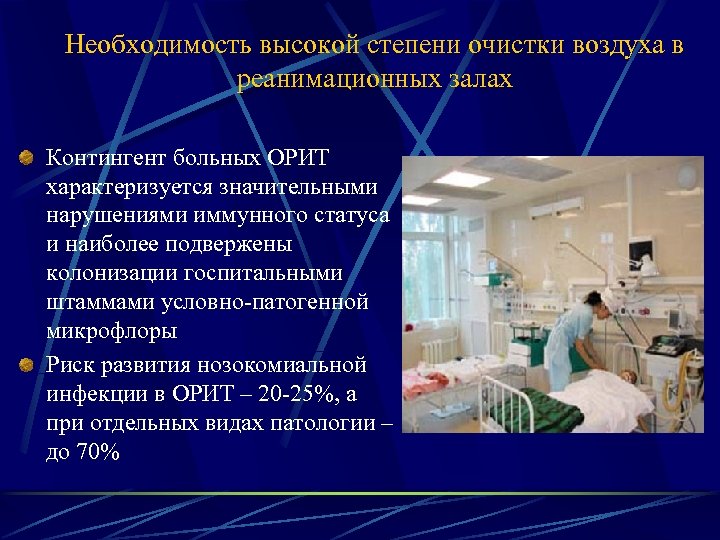 Необходимость высокой степени очистки воздуха в реанимационных залах Контингент больных ОРИТ характеризуется значительными нарушениями