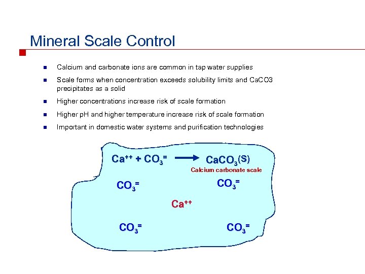 Mineral Scale Control n Calcium and carbonate ions are common in tap water supplies