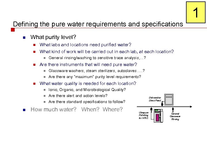 Defining the pure water requirements and specifications n What purity level? n What labs