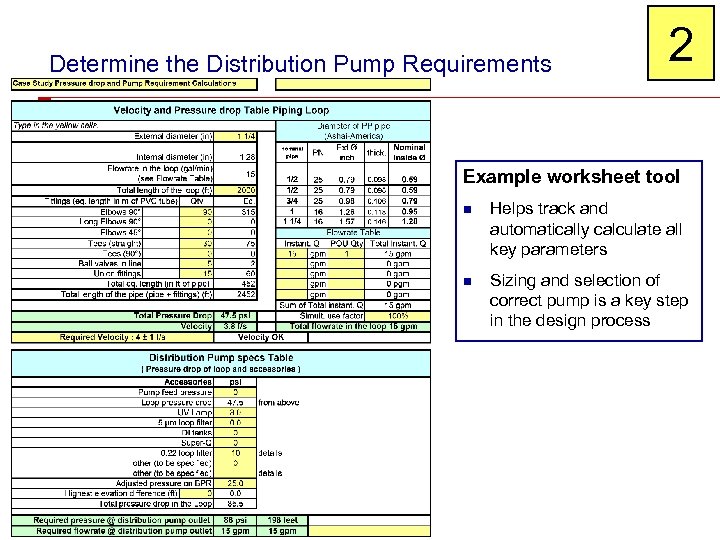 Determine the Distribution Pump Requirements 2 Example worksheet tool n Helps track and automatically