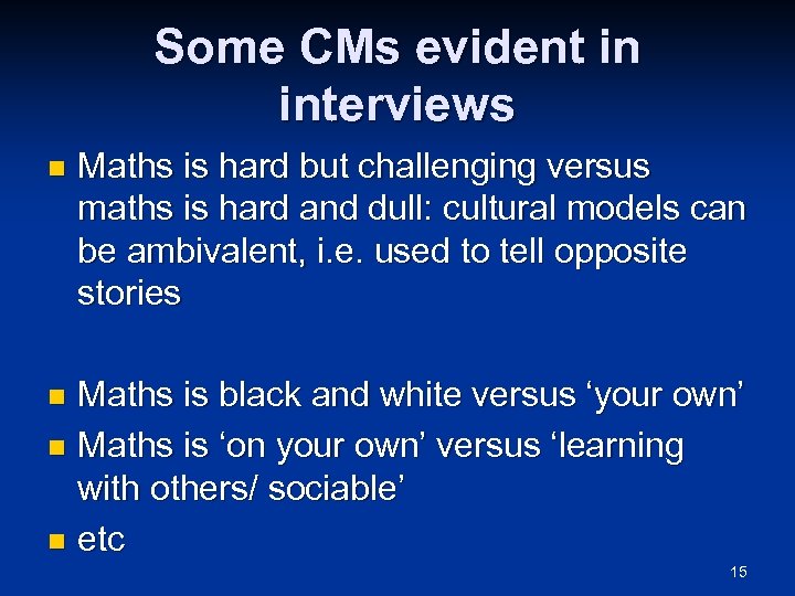 Some CMs evident in interviews n Maths is hard but challenging versus maths is
