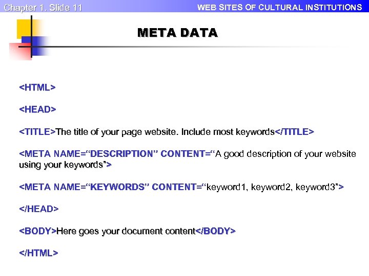 Chapter 1. Slide 11 WEB SITES OF CULTURAL INSTITUTIONS META DATA <HTML> <HEAD> <TITLE>The