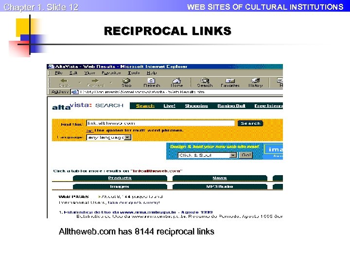 Chapter 1. Slide 12 WEB SITES OF CULTURAL INSTITUTIONS RECIPROCAL LINKS Alltheweb. com has