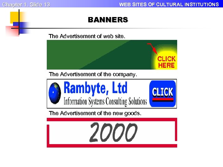 Chapter 1. Slide 13 WEB SITES OF CULTURAL INSTITUTIONS BANNERS The Advertisement of web