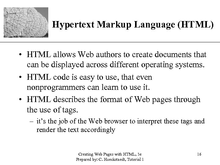 XP Hypertext Markup Language (HTML) • HTML allows Web authors to create documents that