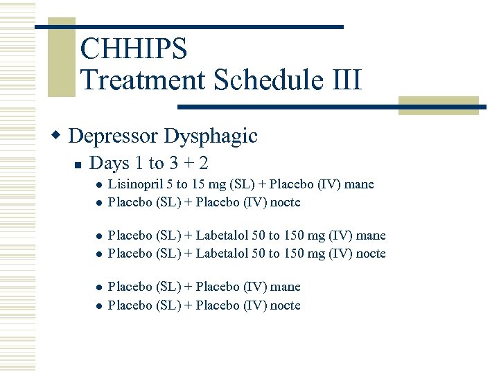 CHHIPS Treatment Schedule III w Depressor Dysphagic n Days 1 to 3 + 2