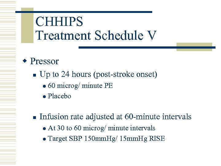 CHHIPS Treatment Schedule V w Pressor n Up to 24 hours (post-stroke onset) 60