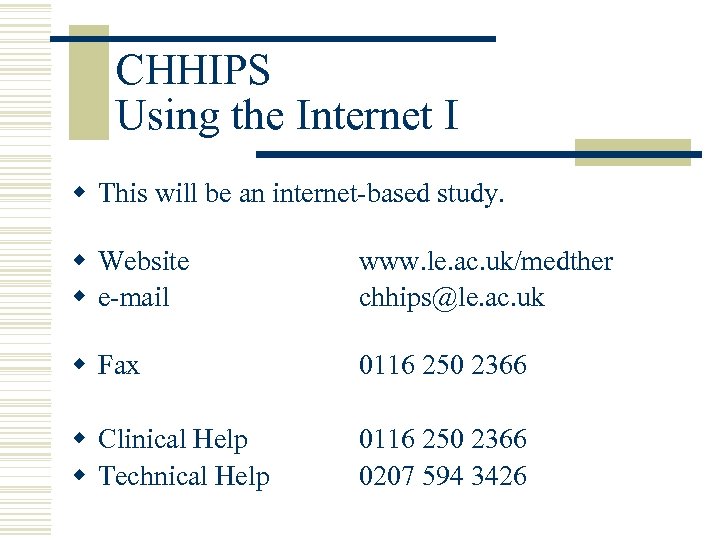 CHHIPS Using the Internet I w This will be an internet-based study. w Website