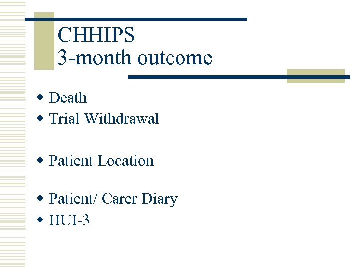 CHHIPS 3 -month outcome w Death w Trial Withdrawal w Patient Location w Patient/