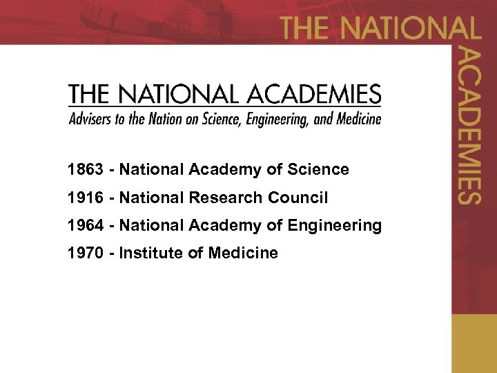 1863 - National Academy of Science 1916 - National Research Council 1964 - National