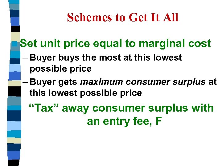 Schemes to Get It All n Set unit price equal to marginal cost –
