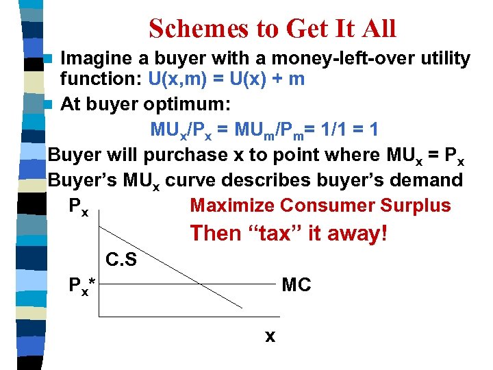 Schemes to Get It All Imagine a buyer with a money-left-over utility function: U(x,