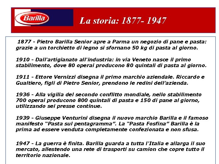 La storia: 1877 - 1947 1877 - Pietro Barilla Senior apre a Parma un