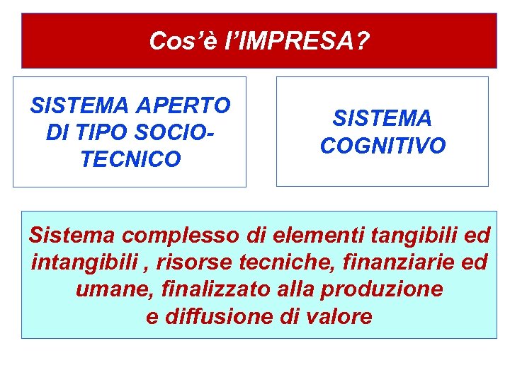 Cos’è l’IMPRESA? SISTEMA APERTO DI TIPO SOCIOTECNICO SISTEMA COGNITIVO Sistema complesso di elementi tangibili