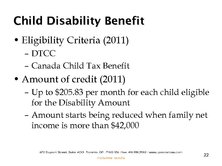 Child Disability Benefit • Eligibility Criteria (2011) – DTCC – Canada Child Tax Benefit