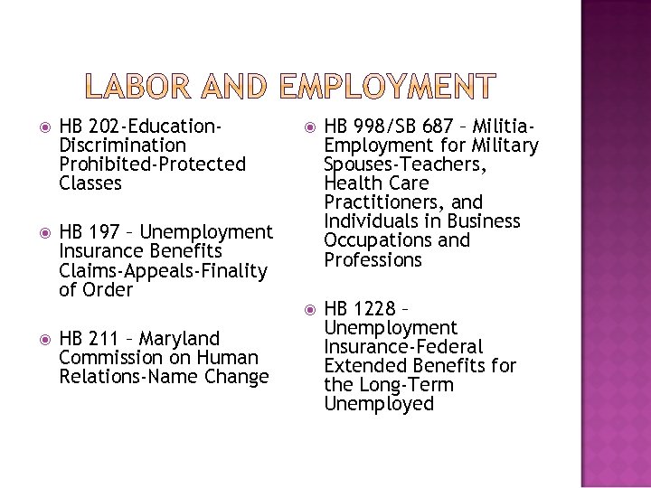  HB 202 -Education. Discrimination Prohibited-Protected Classes HB 197 – Unemployment Insurance Benefits Claims-Appeals-Finality