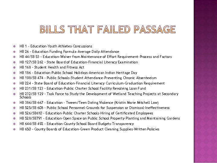  HB 1 – Education-Youth Athletes-Concussions HB 26 – Education Funding Formula-Average Daily Attendance