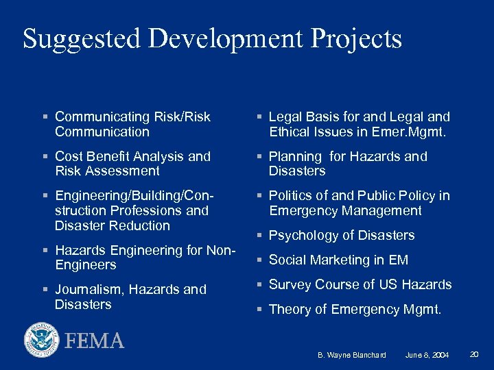 Suggested Development Projects § Communicating Risk/Risk Communication § Legal Basis for and Legal and