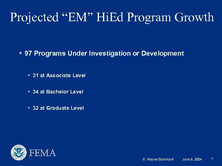 Projected “EM” Hi. Ed Program Growth § 97 Programs Under Investigation or Development §