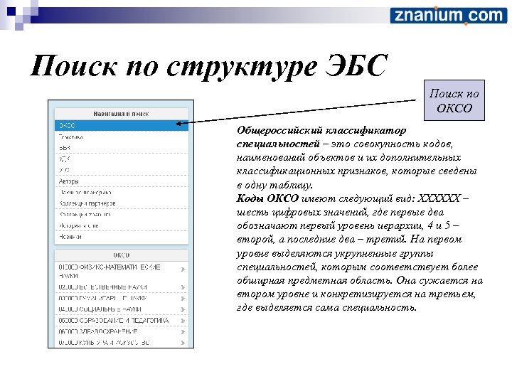 Поиск по структуре ЭБС Поиск по ОКСО Общероссийский классификатор специальностей – это совокупность кодов,