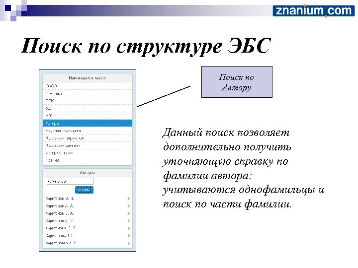 Поиск по структуре ЭБС Поиск по Автору Данный поиск позволяет дополнительно получить уточняющую справку