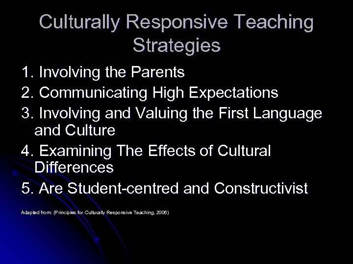 Culturally Responsive Teaching Strategies 1. Involving the Parents 2. Communicating High Expectations 3. Involving