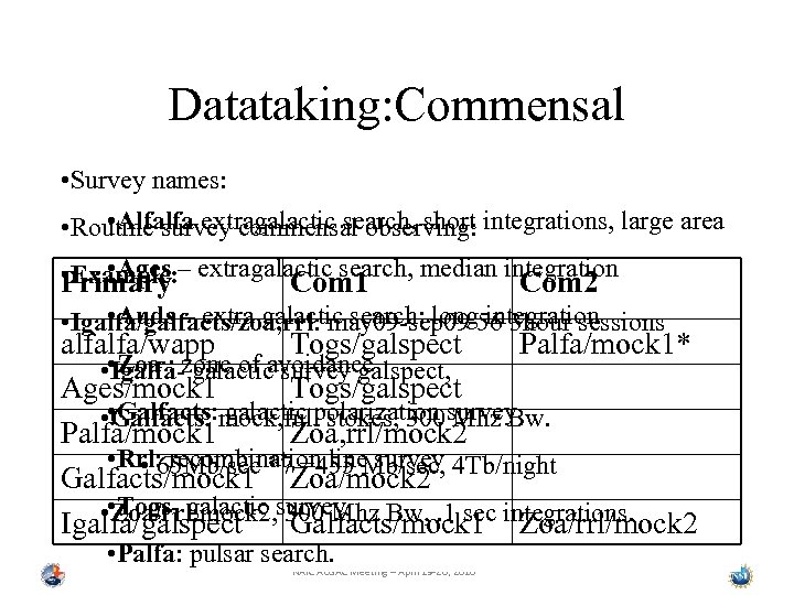 Datataking: Commensal • Survey names: • Alfalfa extragalactic search, short • Routine survey commensal