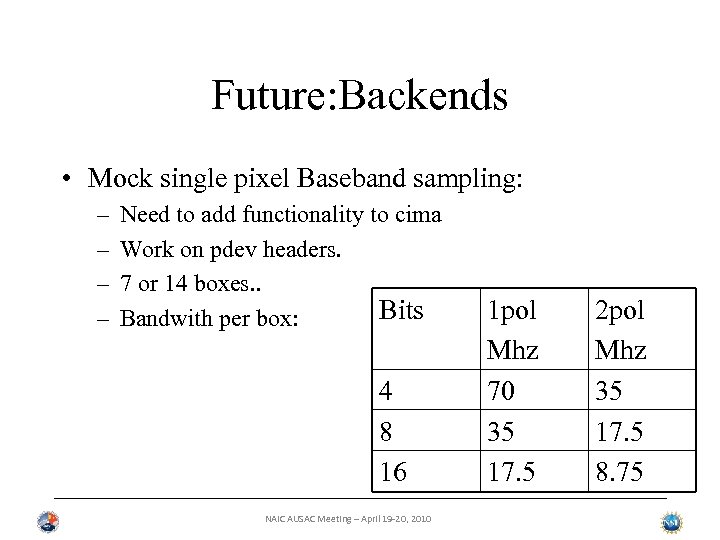 Future: Backends • Mock single pixel Baseband sampling: – – Need to add functionality