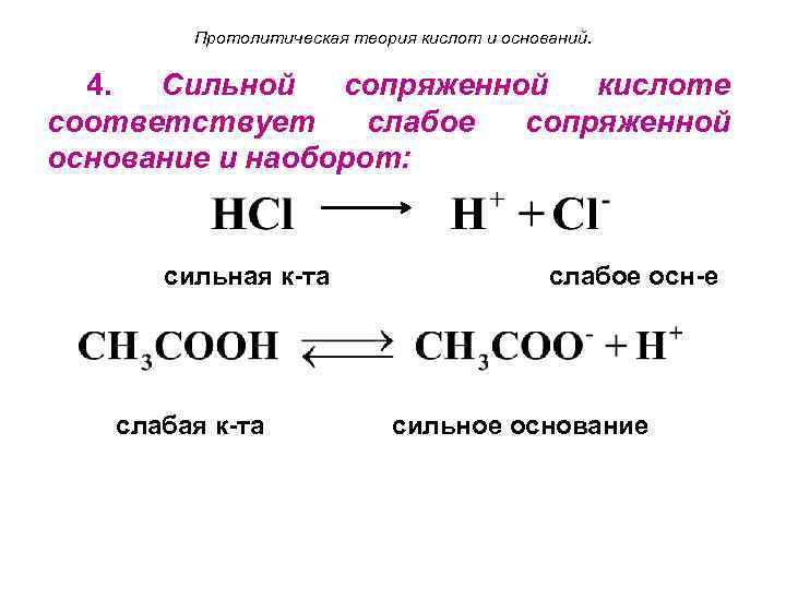 Протолитическая теория кислот и оснований. 4. Сильной сопряженной кислоте соответствует слабое сопряженной основание и