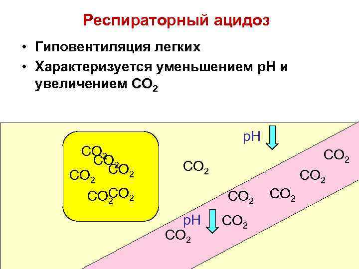 Респираторный ацидоз • Гиповентиляция легких • Характеризуется уменьшением p. H и увеличением CO 2