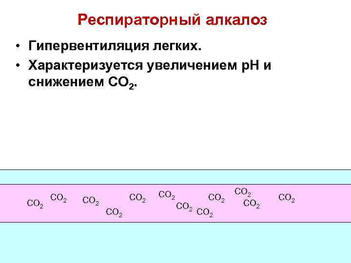 Респираторный алкалоз • Гипервентиляция легких. • Характеризуется увеличением p. H и снижением CO 2