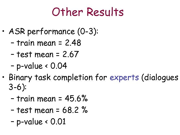 Other Results • ASR performance (0 -3): – train mean = 2. 48 –