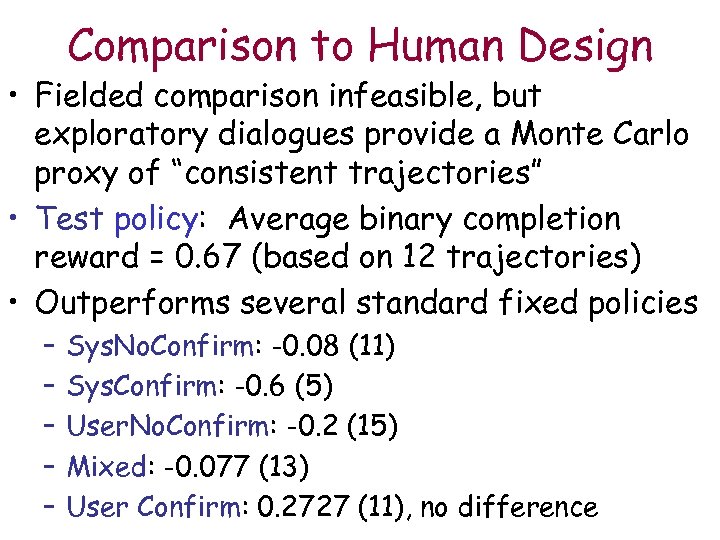 Comparison to Human Design • Fielded comparison infeasible, but exploratory dialogues provide a Monte