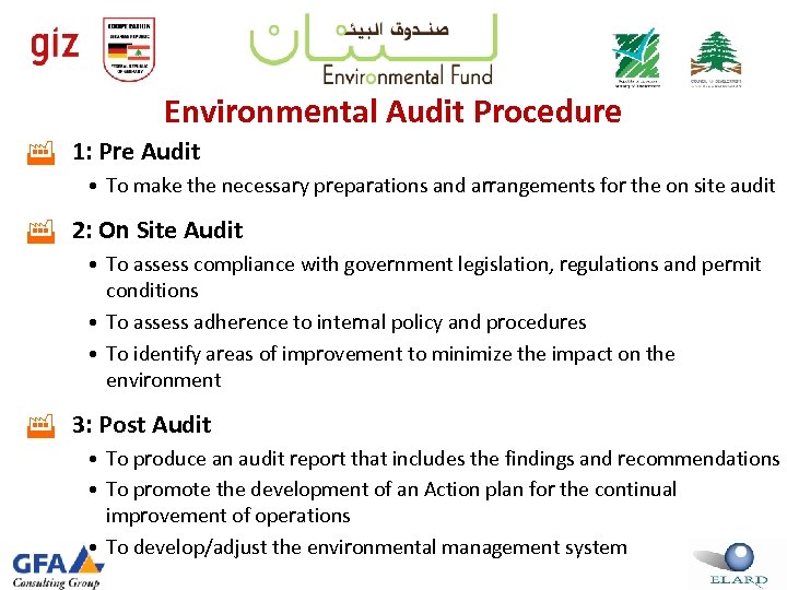 Environmental Audit Procedure 1: Pre Audit • To make the necessary preparations and arrangements