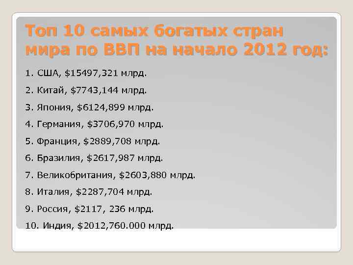 Топ 10 самых богатых стран мира по ВВП на начало 2012 год: 1. США,